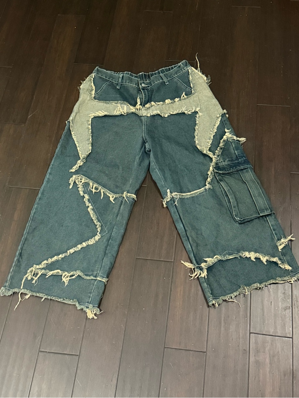ROMWE Teal Distressed Patchwork Relaxed Cargo Jeans